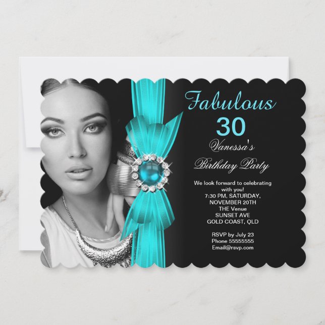 Fabulous Photo Birthday Party Teal Blue Black Invitation (Front)