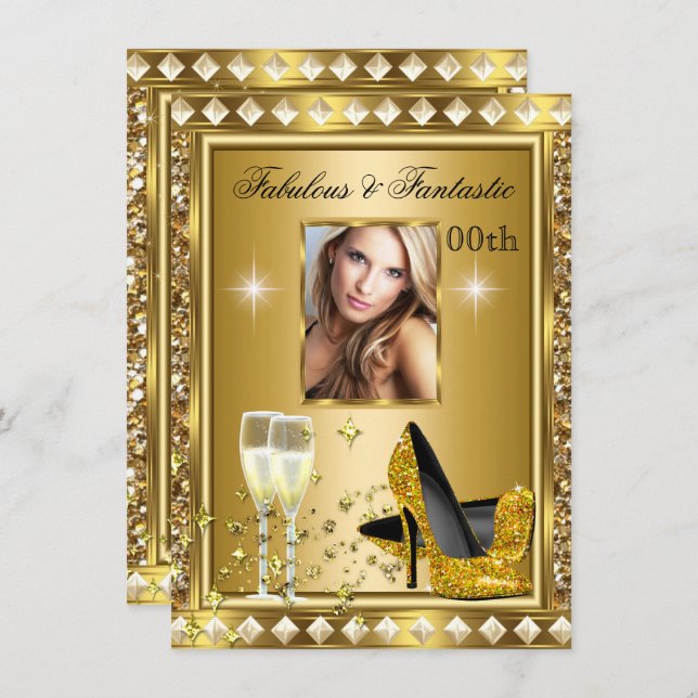 Fabulous Photo Gold Glitz Glam Hollywood Birthday Invitation (Front/Back)