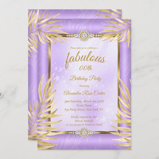 Fabulous purple diamond Gold Palms Party Invitation (Front/Back)
