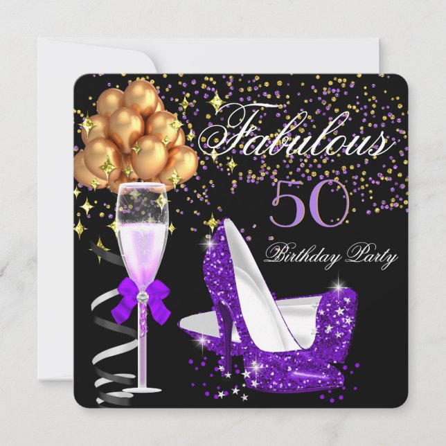 Fabulous Purple Heels Gold Black Birthday Party Invitation (Front)