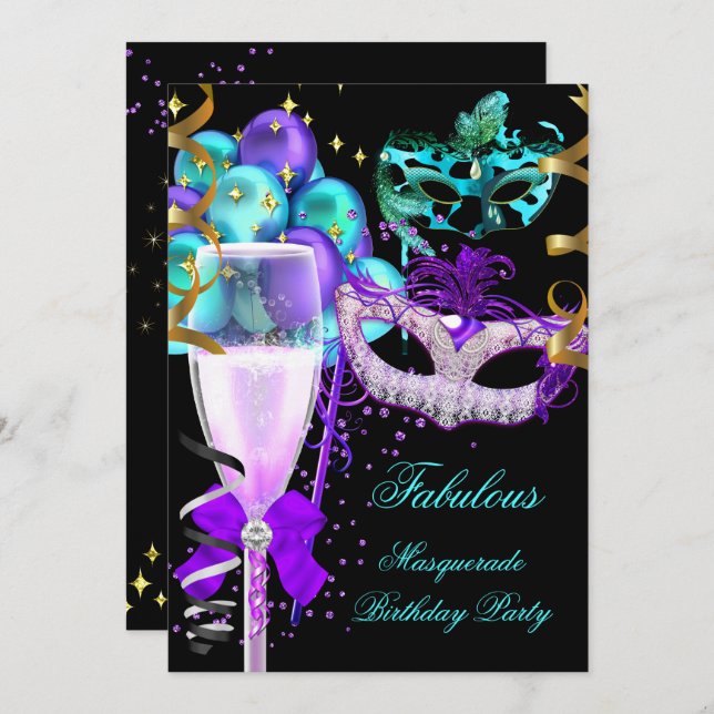 Fabulous Purple Teal Black Masquerade Party Invitation (Front/Back)