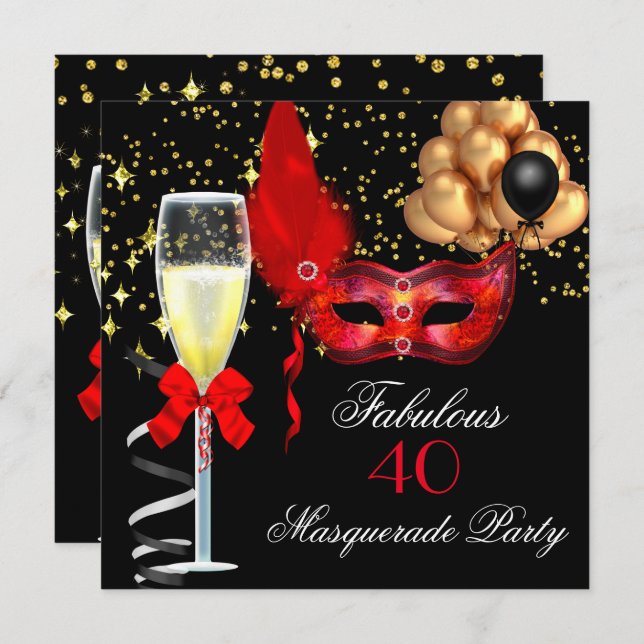 Fabulous Red Gold Black Masquerade Party Invitation (Front/Back)