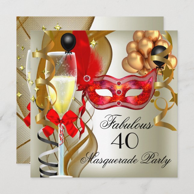 Fabulous Red Gold Cream Black Masquerade Party Invitation (Front/Back)