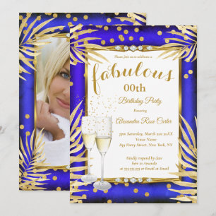 Fabulous Royal Blue Gold Palms Champagne Party Invitation