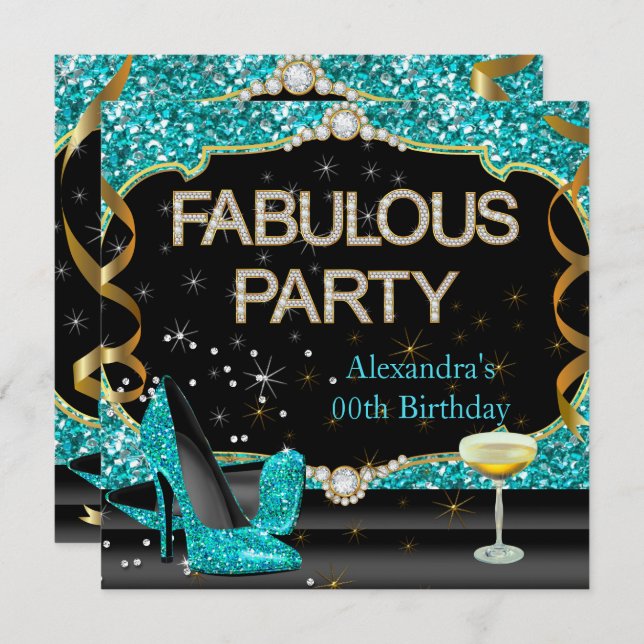 Fabulous Teal Black Glitter Birthday Party Invitation (Front/Back)