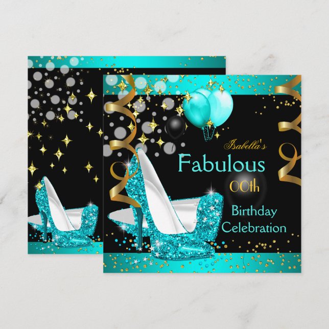 Fabulous Teal Blue High Heels Gold Birthday Party Invitation (Front/Back)