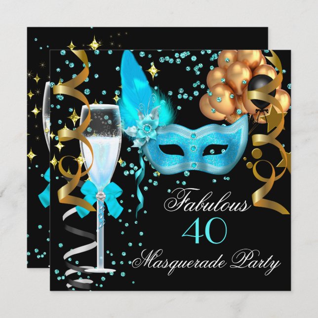 Fabulous Teal Gold Black Masquerade Party Invitation (Front/Back)