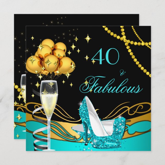 Fabulous Teal Heels Gold Black Birthday Party Invitation (Front/Back)