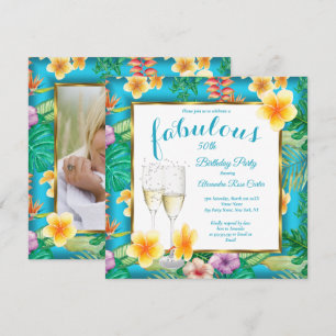 Fabulous Tropical Teal blue Champagne Photo Party Invitation