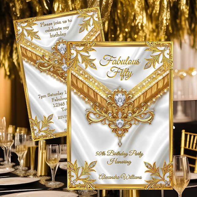 Fabulous White Silk Gold Diamonds Birthday Party Invitation (Creator Uploaded)