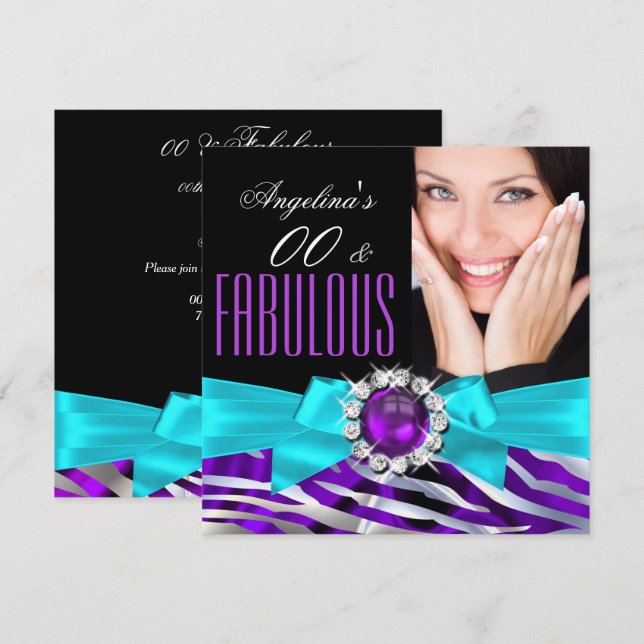 Fabulous Zebra Purple Teal Black Birthday Party Invitation (Front/Back)