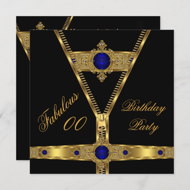 Fabulous Zipper Gold Royal Blue Diamond Gem 2 Invitation (Front/Back)
