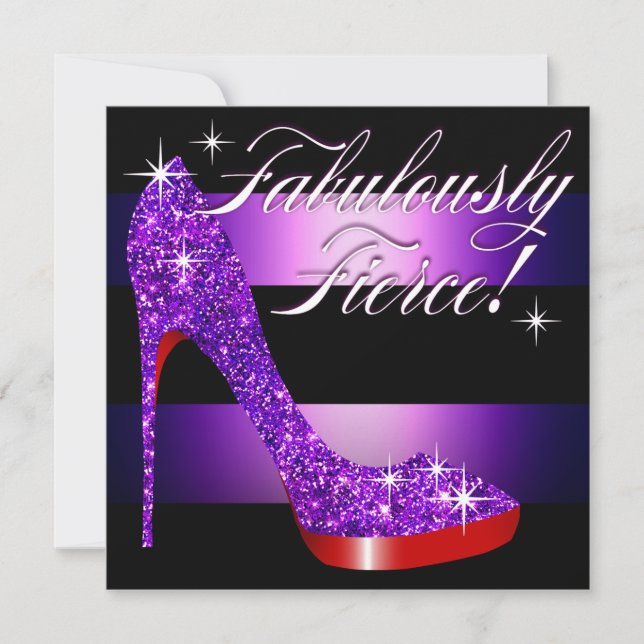 Fabulously Fierce Glittery Stiletto Stripe purple Invitation (Front)