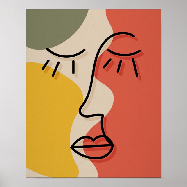 Face Abstract Boho Green Red Beige Yellow Wall Art (Front)