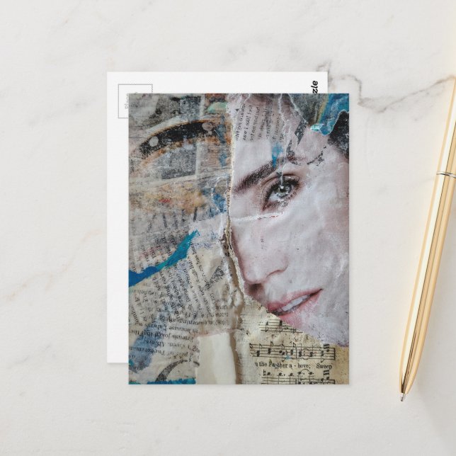 Face Abstract Mixed Media Collage Postcard (Front/Back In Situ)