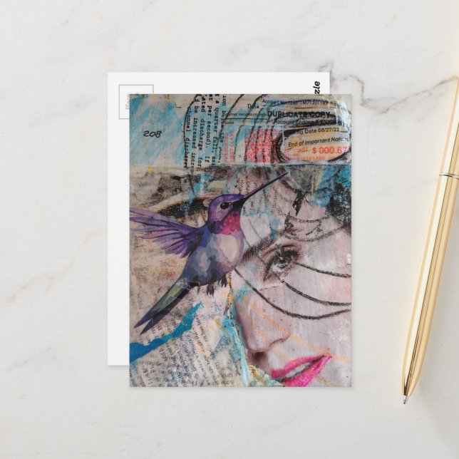 Face and Hummingbird Abstract Mixed Media Collage Postcard (Front/Back In Situ)