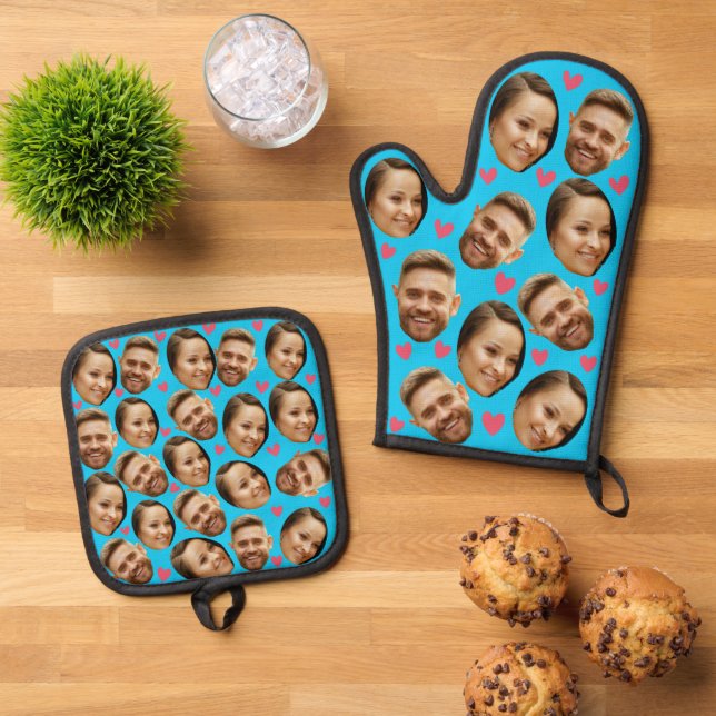 Face Custom Photo Heart Couple Light Blue Oven Mitt & Pot Holder Set (Top Down)