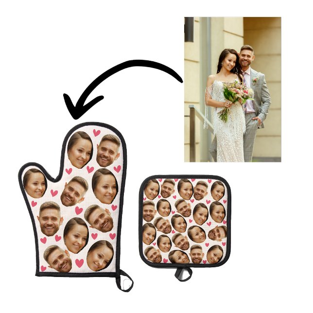 Face Custom Photo Heart Couple Sage Green Oven Mitt & Pot Holder Set (Creator Uploaded)