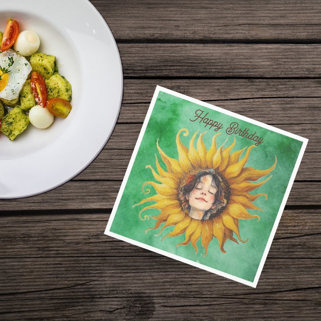 Face of Peaceful Girl Big Yellow Sunflower Green Napkin (Girls face brown hair in middle of yellow fancy sunflower on green Birthday paper party napkins.)