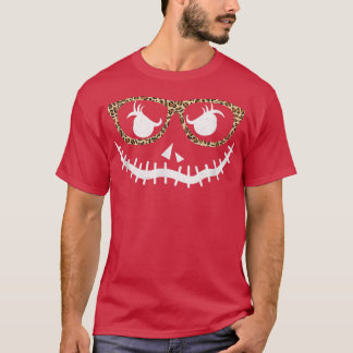 Face Pumpkin Hallowen Leopard Print Glasses  T-Shirt