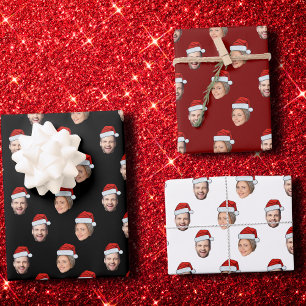 Face Santa Hat Gift Wrap, Custom Face 2 Photos Wrapping Paper Sheet