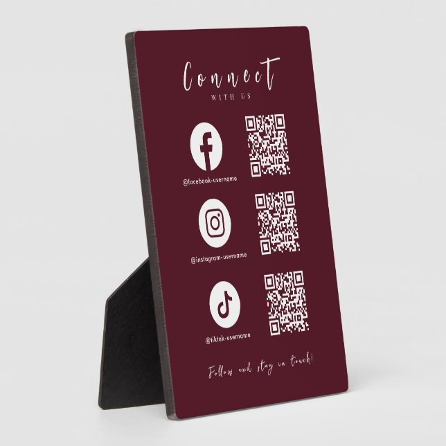 Facebook Instagram Tiktok QR Code Burgundy Plaque (Side)