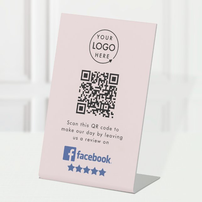 Facebook Review Request | QR Code Pink Business Pedestal Sign (Gain Facebook reviews & grow your business with this rating request editable tabletop sign.)