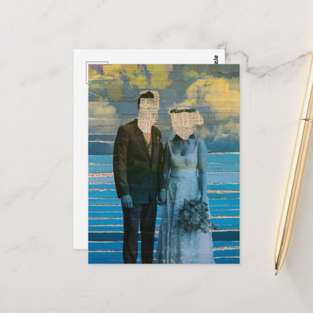 Faceless Bride and Groom Mixed Media Collage Postcard (Front/Back In Situ)