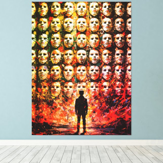 Faceless Figure Masked Crowd Impasto Surreal Oil Canvas Print (Insitu(Wood Floor))