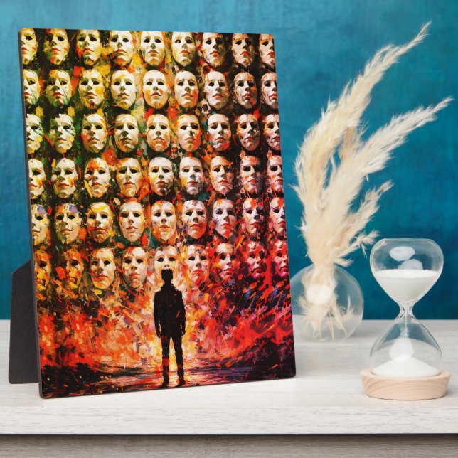 Faceless Figure Masked Crowd Impasto Surreal Oil Plaque (Side)