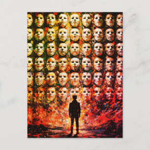 Faceless Figure Masked Crowd Impasto Surreal Oil Postcard