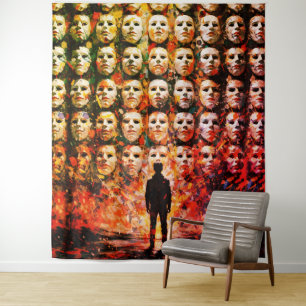 Faceless Figure Masked Crowd Impasto Surreal Oil Tapestry