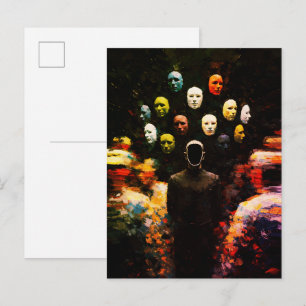 Faceless Figure Surrounded by Masked Faces Impasto Postcard