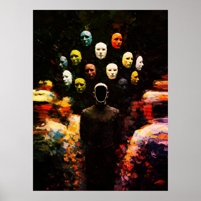 Faceless Figure Surrounded by Masked Faces Impasto Poster (Front)