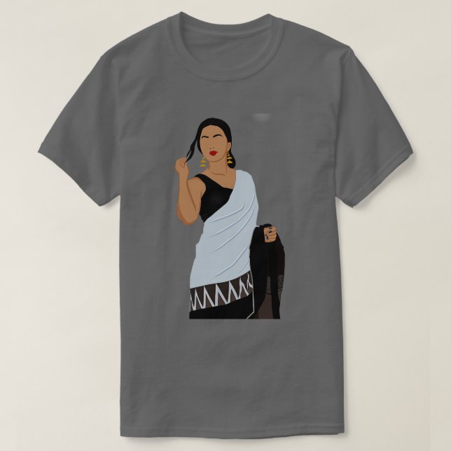 Faceless Indian woman in saree and sleeveless blac T-Shirt (Design Front)