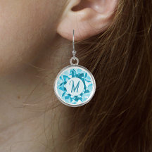 Faceted Aquamarine Print Monogrammed Earrings