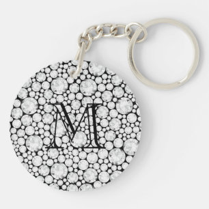 Faceted Diamond Gems white grey black monogram Key Ring