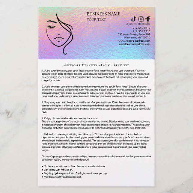 FACIAL TREATMENTS Aftercare flyer (Front)
