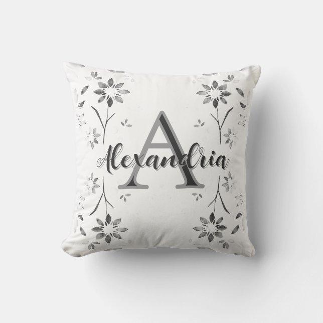 Faded Black and White Floral Personalized Monogram Cushion (Front)