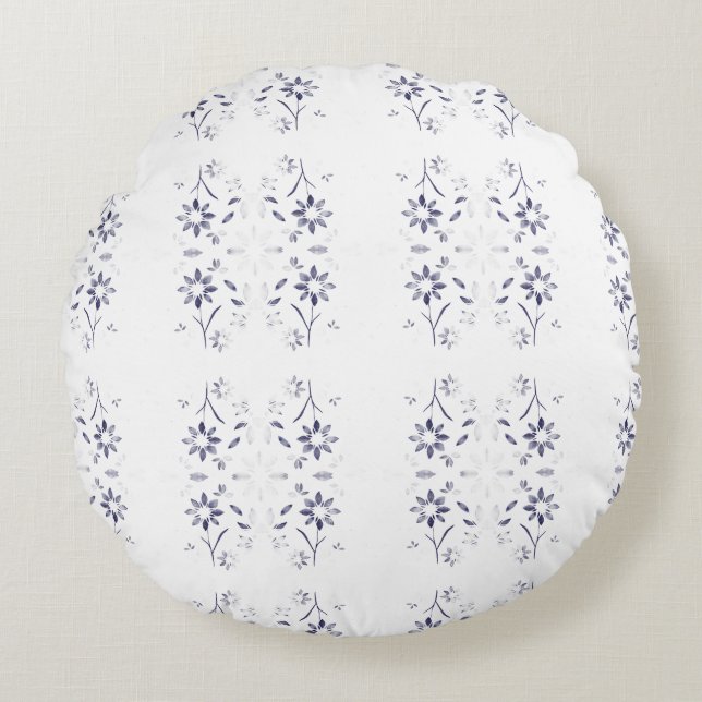 Faded Blue and White Floral Pattern Round Cushion (Front)