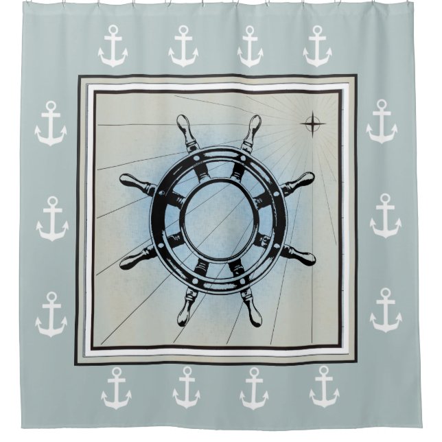 Faded Blue Nautical Themed Shower Curtain (Front)