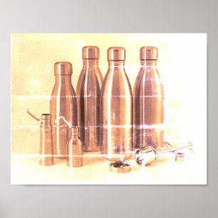 Faded Brown Steel Water Bottles on a Retro Wall Poster