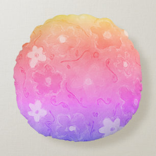 Faded Colourful Flowers Round Cushion