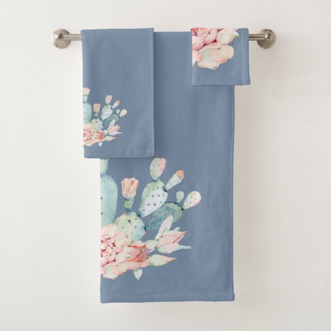 Faded Denim Blue  and Watercolor Cactus Bath Towel Set (Insitu)