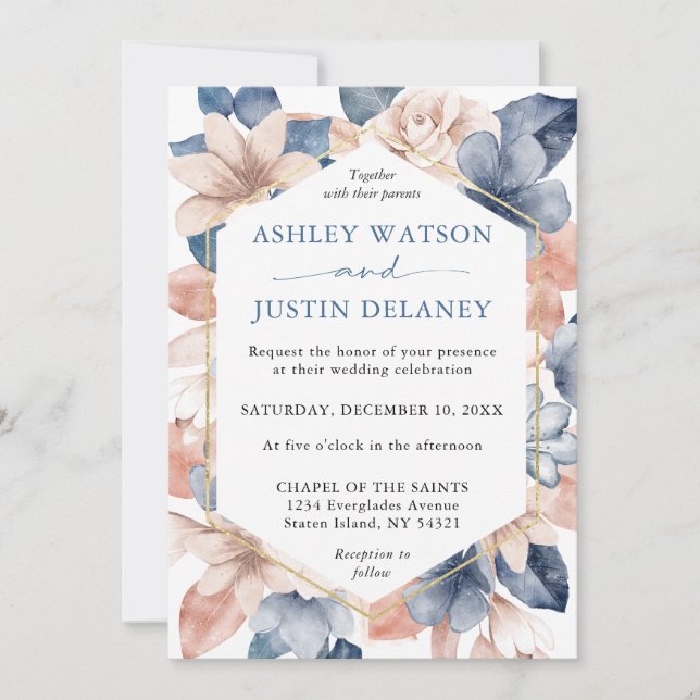 Faded denim & blush florals Wedding Invitation (Front)
