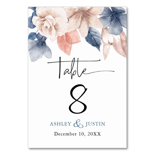 Faded denim & blush stylish florals Table Card (Front)