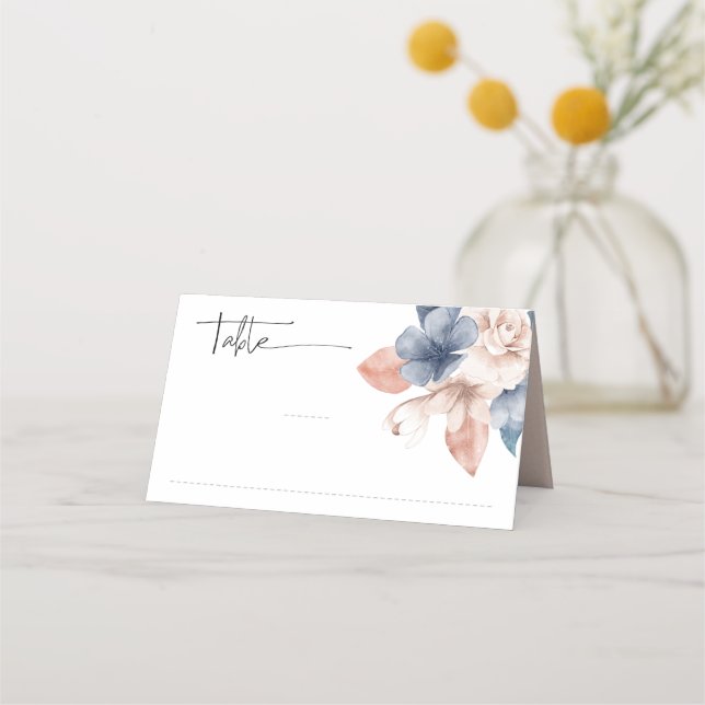 Faded denim & blush stylish Folded Place Card (Front)