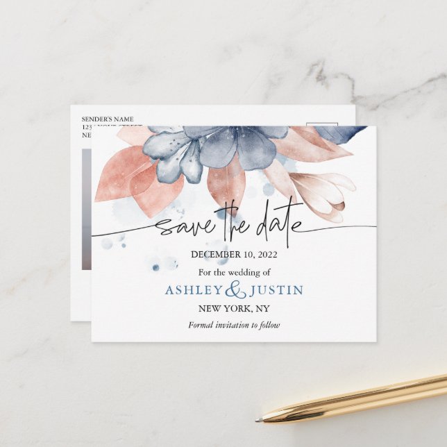 Faded denim & blush stylish Save the Date Postcard (Front/Back In Situ)