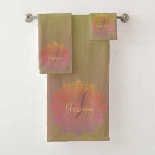 Faded Earth-toned Monogram Mandala Bath Towel Set