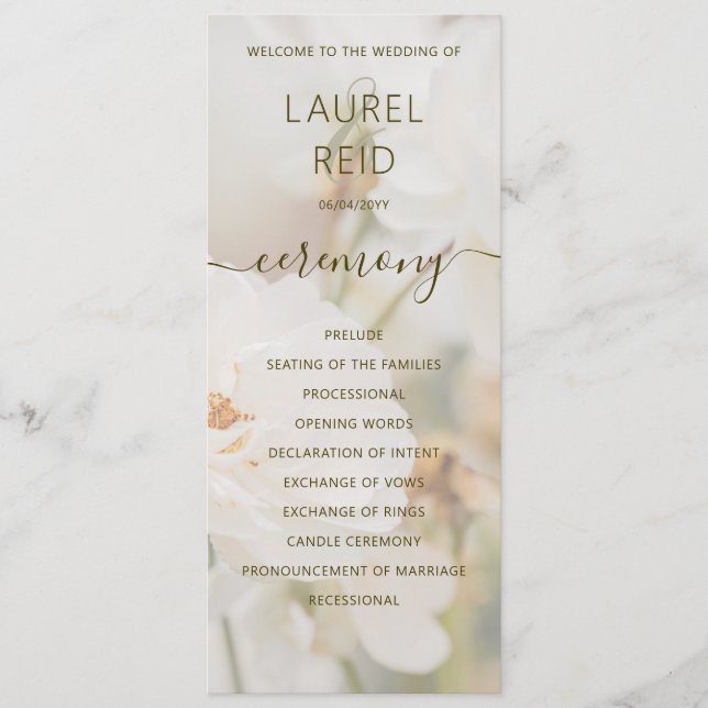 Faded Elegant White Rose Photo Romantic Wedding Programme (Front)